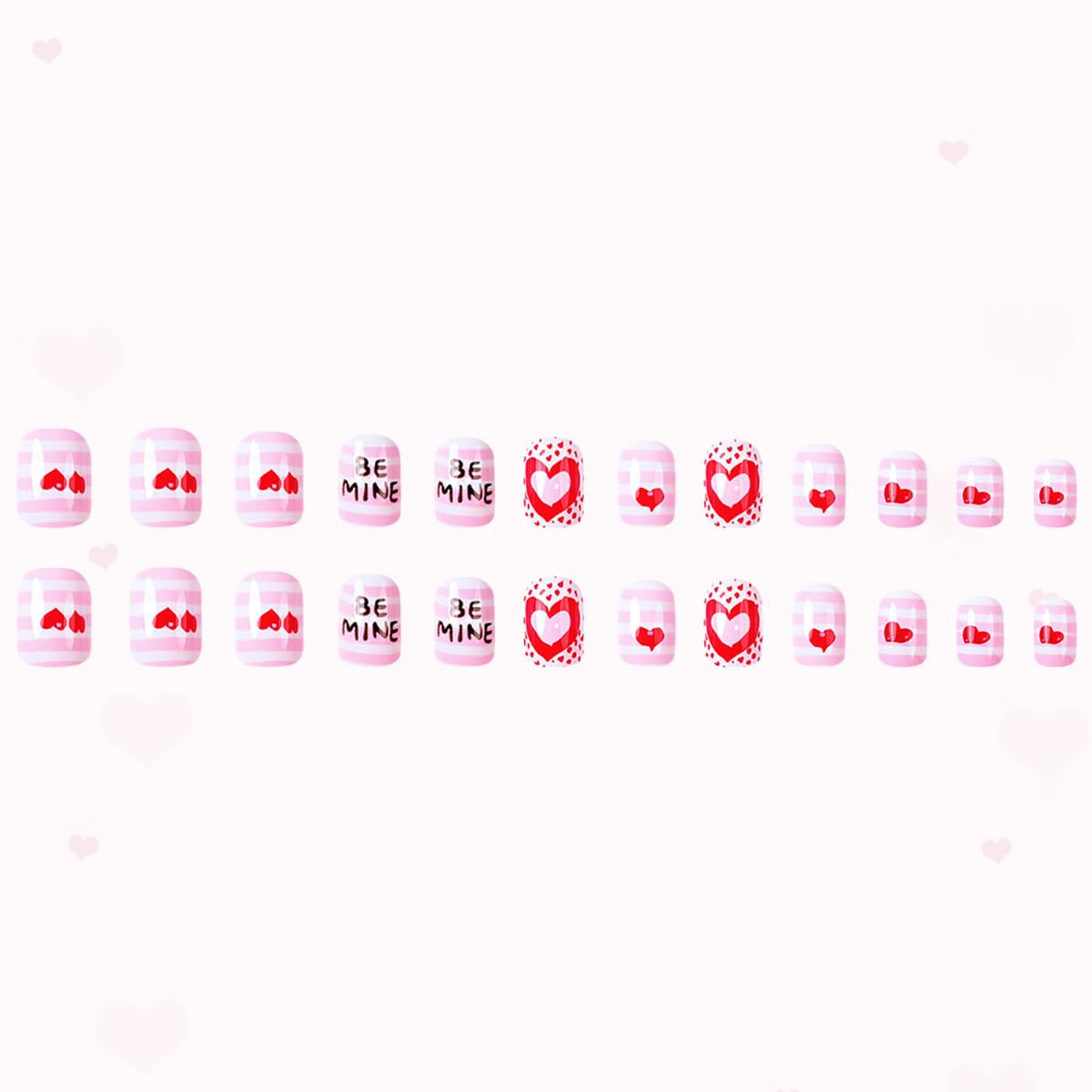 24Pcs Valentine's Day Press on Nails Short Square Glossy Fake Nails with Glue Full Cover Red Heart Pink White Stripe False Nails for Women Manicure Valentines Nail Decor Accessories Supplies