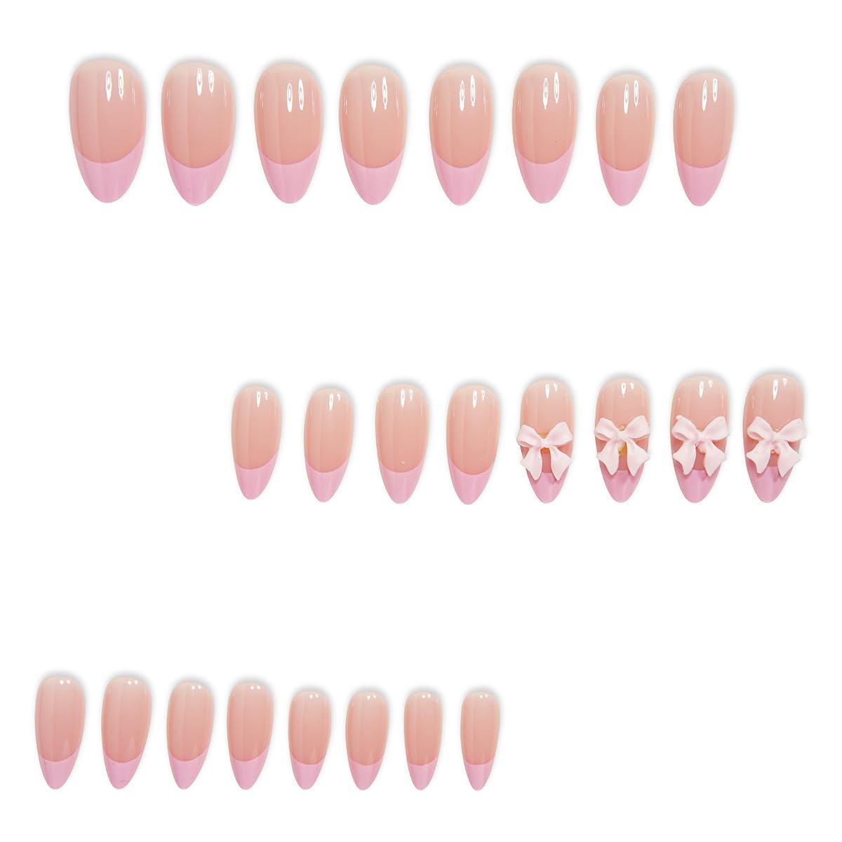 24Pcs Pink French Tip Press on Nails Short Almond Fake Nails with 3D Bow Gems Design Pink Glue on Nails Glossy Full Cover Cute False Nails French Tip Artificial Acrylic Nails Decoration for Women DIY