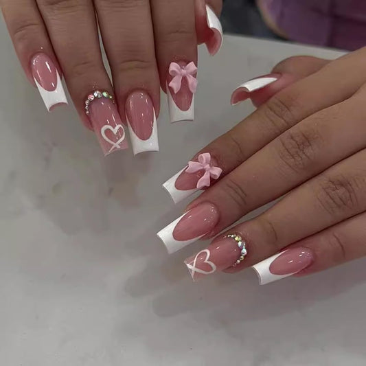 Press on Nails Medium Coffin - Pink Fake Nails with Bow Heart Design - White French Tip False Nails Press ons - for Women 24 Pcs