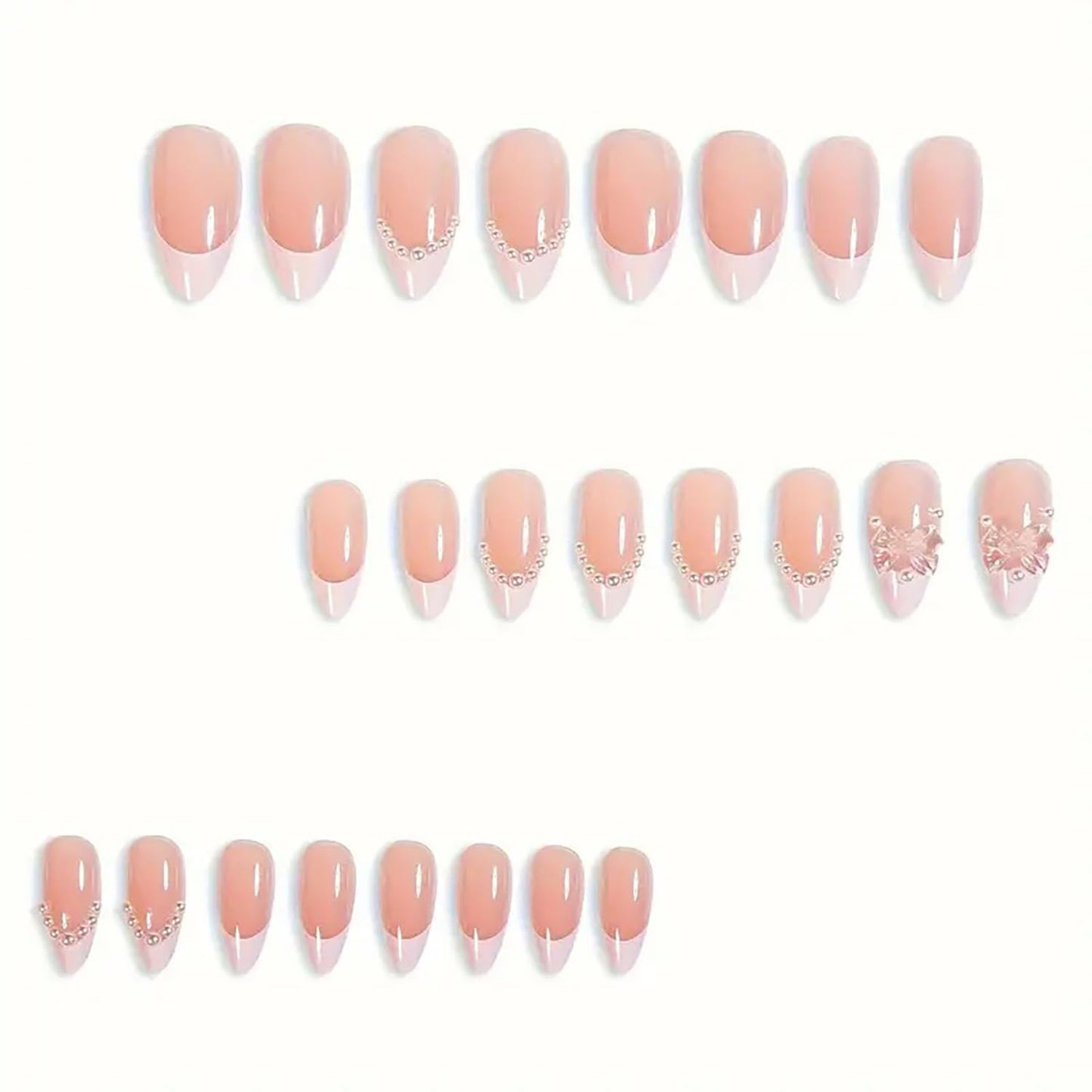 24 Pcs Medium Length Press on Nails Almond False Nails Light Pink RIICFDD French Fake Nails Bows and Pearl Nail Charms Artificial Glossy Full Cover Glamorous Stick on Nails for Women Acrylic Nails