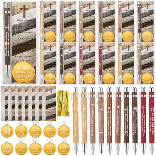 Spakon 50 Sets Father's Day Christian Gifts for Men Religious Bamboo Pens Bible Verse Bookmarks Engraved Brass Compass Bible Quotes for Dad Pastors Church Gifts Party Favors