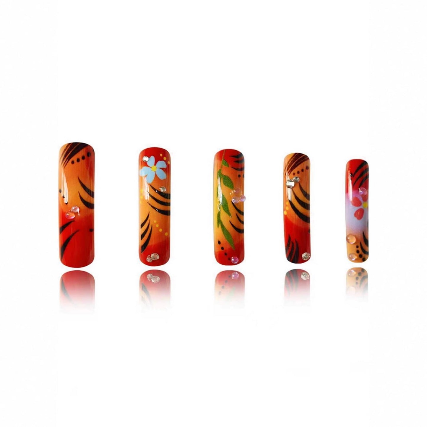 Curved Press on Nails Extra Long Square Fake Nails Full Cover Orange with Flower designs Rhinestones Press ones Glossy Curve Fake Nails Reusable Acrylic Glue on Nails for Women Girls Manicure24pcs