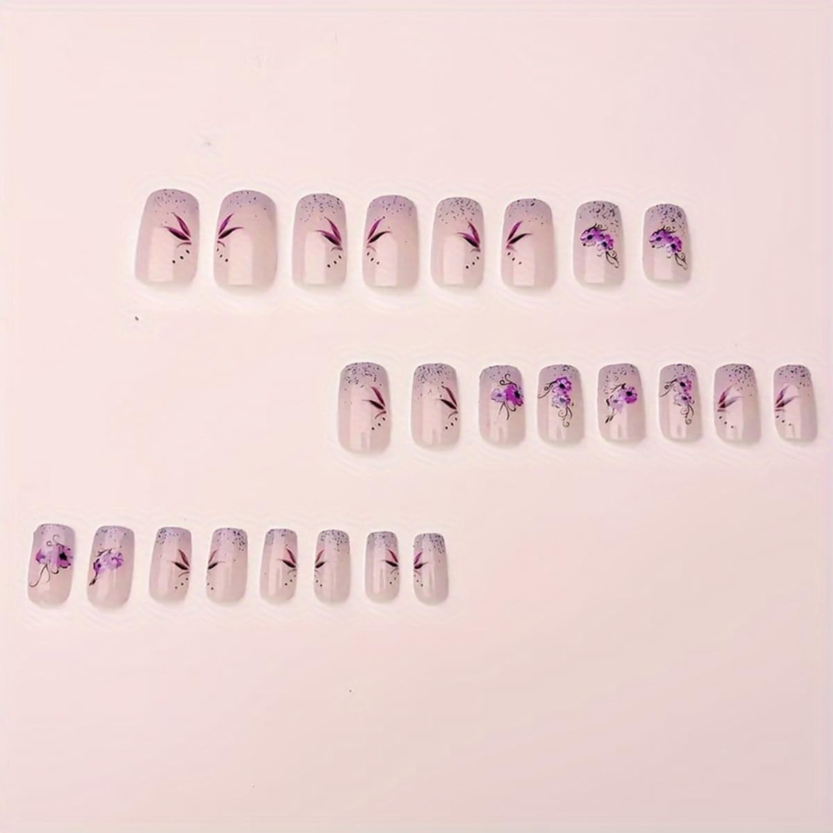 Purple French Press on Nails Short Square Fake Nails Nude False Nails Press ons with Purple Flower Design Glitter Nail Art Tips Full Cover Acrylic Glue on Nails for Women 24 Pcs
