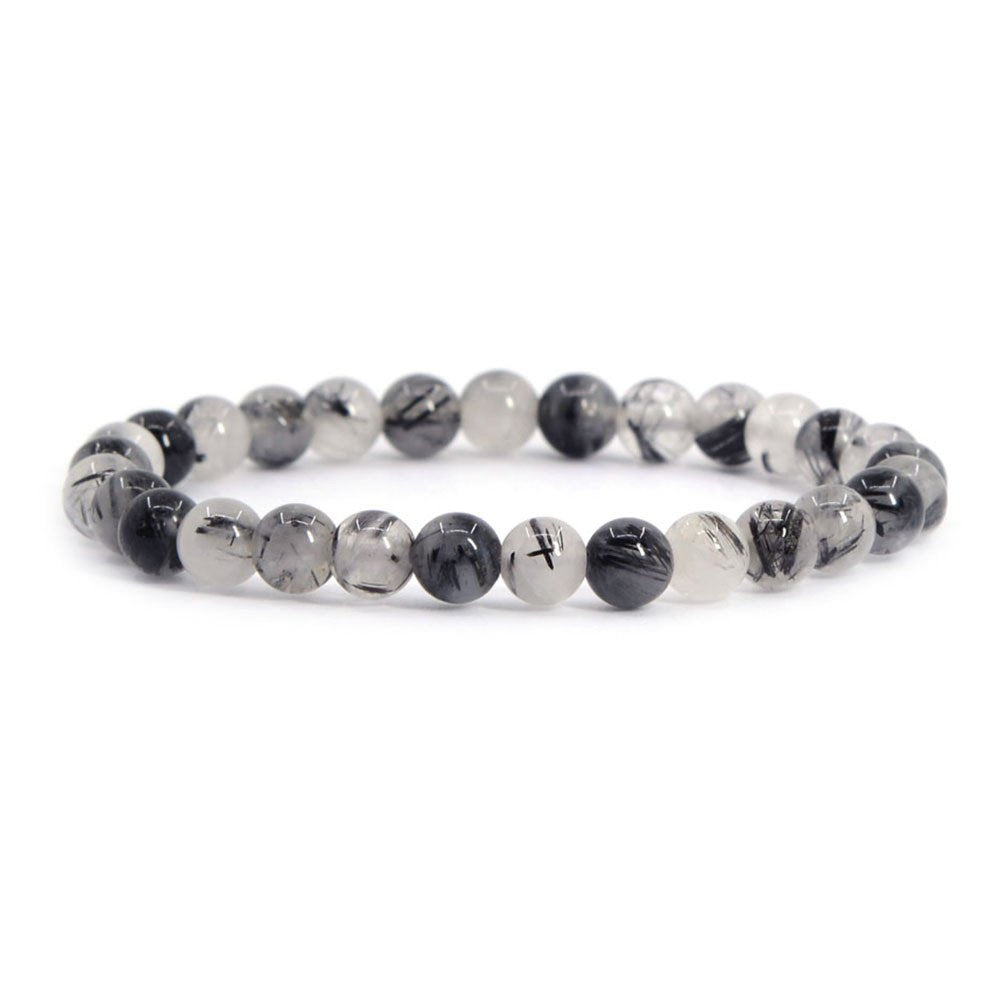 Justinstones Natural Black Rutilated Quartz Gemstone 6mm Round Beads Stretch Bracelet 6.5 Inch