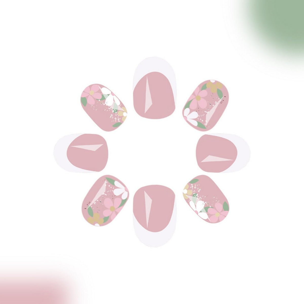 Summer Press on Nails Short Fake Nails Oval False Nails Full Cover White French Tip Press ones Stick on Nails with Flower designs Acrylic Nails Glitter Glue on Nails for Women Girls 24pcs