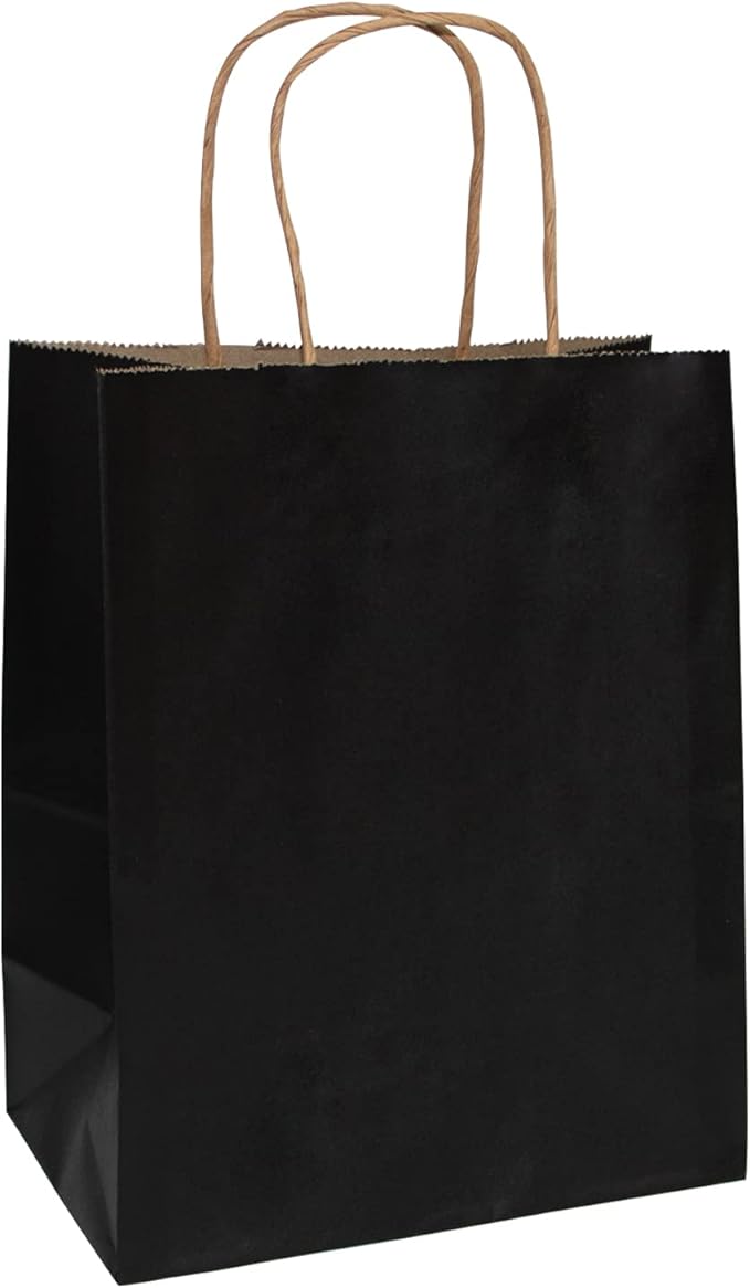 FACEBAG 50 PCS Black Paper Bags with Handles Bulk, 8x4.25x10.5 Inches,Medium-sized Gift Bags for Party Favorsï¼Take-Outï¼Grocery Shopping & Retail,Christmas,weddings,Reusable & Durable