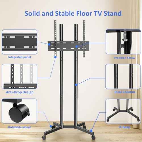 Rolling TV Stand for 32 to 65 inch TVs up to 88 lbs, Mobile TV Cart with Lockable Wheels, Height Adjustable, Max VESA 400x400mm, Portable Mobile TV Stand for Bedroom, Office, Outdoor, Black