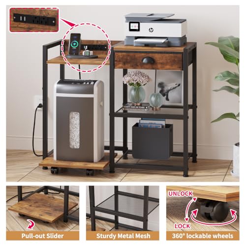 ZIWEI STAR Printer Stand with Storage Drawer,Printer Table with USB Port, 3 Tier Shelf, Base Stand with Wheels.Printer Cabinet for Home and Office.Brown