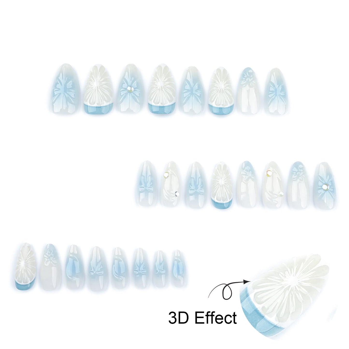 RIICFDD Press on Nails Short Fake Nails Almond False Nails Blue Ombre Nails Press ons Bow Lemon Stick on Nails Rhinestone Nail Charms Full Cover Glossy Glue on Nails for Women Nail Art 24 Pcs