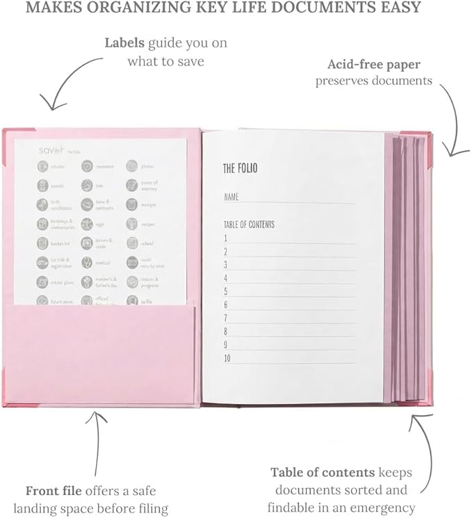 The Folio® Important Document Organizer by Savor | Binder with Guided Labels, Acid-Free File Folder with 10 Pockets for Home, Legal, Medical Papers | Mother’s Day Gift for Moms, Records Storage (Pink)