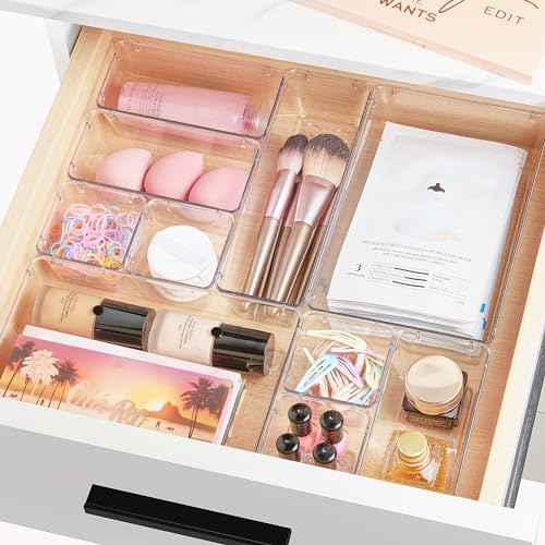 Vtopmart 72 PCS Clear Plastic Drawer Organizers Set, 4-Size Versatile Bathroom and Vanity Organizer Trays, Non-Slip Storage Containers for Makeup, Jewelries, Bedroom£¬Kitchen Utensils and Office