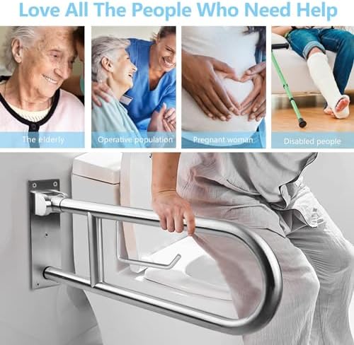 Toilet Grab Bar Stainless Steel Handicap Rails Grab Bars Bathroom Support for Elderly Disabled Safety Hand Railing Guard Frame Shower Assist Aid Handrails Hand Grips (29.5 Inches with Paper Holder)