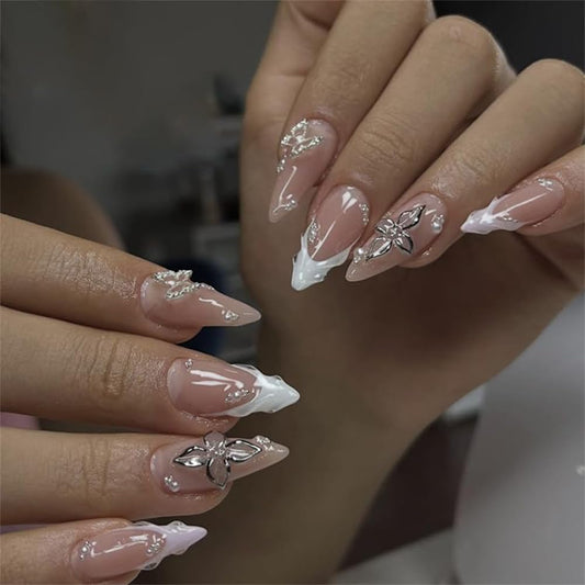 French Tip Press on Nails Medium Almond Fake Nails with Glossy Bow Designs Silver Flower False Nails Sppring Holiday Nails Press ons Reusable Full Cover Glue on Nails Artificial Nails for Women