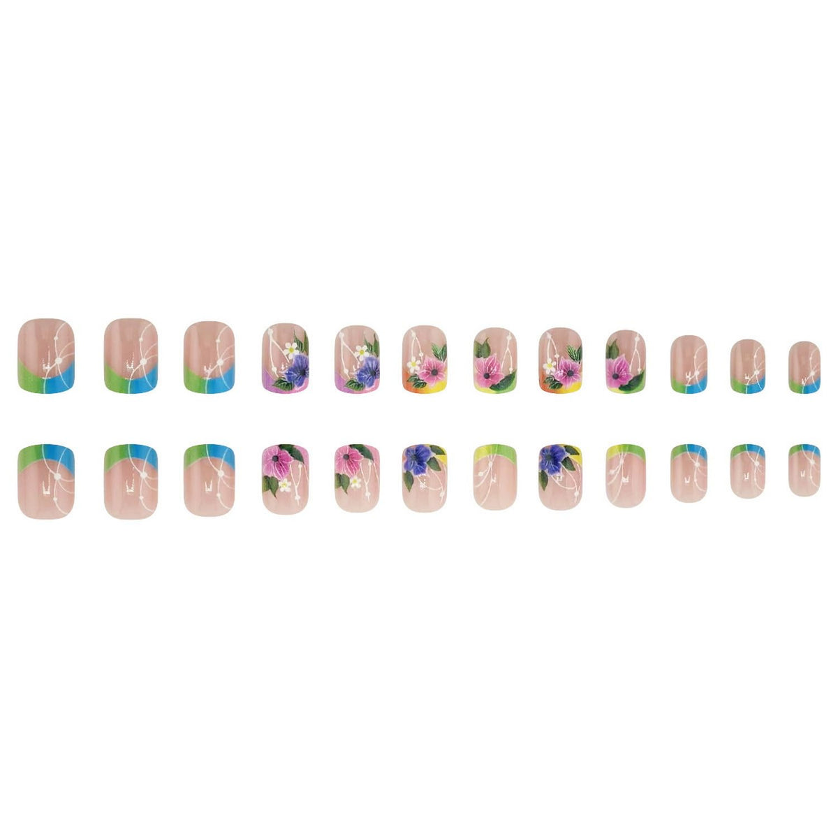 Colorful Press on Nails Short Square Fake Nails Flower False Nails Glossy Acrylic Nails Full Cover Stick on Nails with designs Floral Glue on Nails Sprinng Summer Nails for Women Girls Manicure24pcs