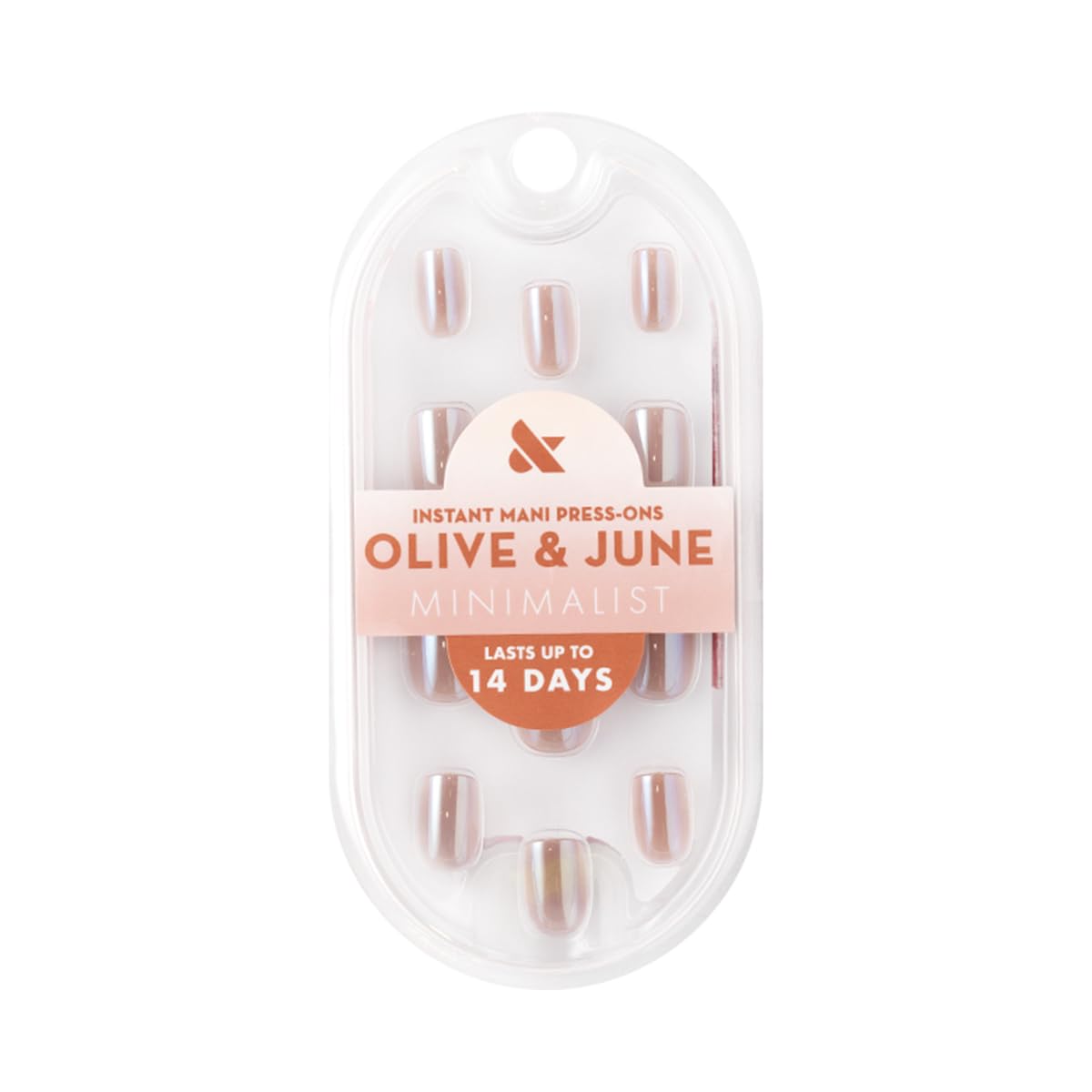 Olive & June Minimalist Instant Mani Press On Nails (Glue) | 42 Fake Nails, 21 Sizes | Non-Toxic, Long-Lasting Barely-There Look | Salon-Quality at Home | Extra Short, Squoval | Taupe Jelly Chrome