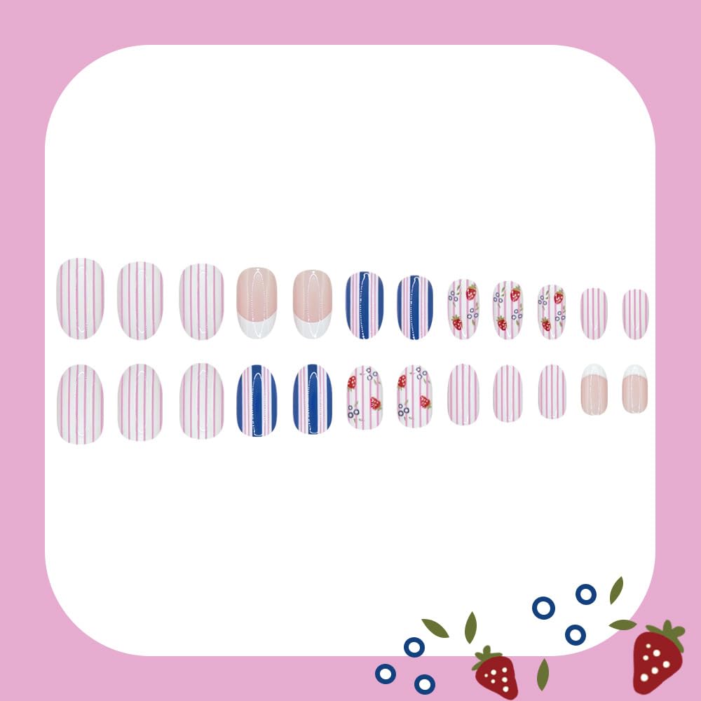 QUNQINLI White French Tip Press on Nails Short Oval Fake Nails Press ons Nail Tips Kit with Strawberry Pink Striped Design Summer False Nails Full Cover Nude Glossy Glue on Nails for Women 24 Pcs