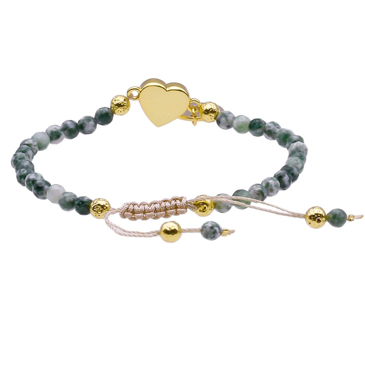Nupuyai 4mm Faceted Stone Beads Bracelet for Women Men, Adjustable Healing Crystal Chakra Bracelet with Druzy Heart Charms, Green Dalmation Jasper