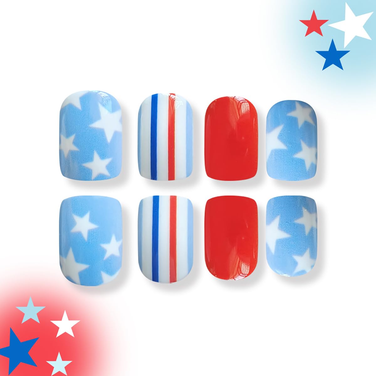 4th of July Press on Nails Square Short Fake Nails Star Nails Design Independence Day False Nails Blue Red Striped Patriotic Glue on Nails Glossy Acrylic Nails for Women Summer Holiday Manicure 24Pcs