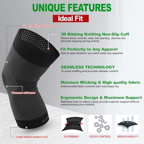 KEKING Orthopedic Brace for Tendinitis, Arthritis, ACL, MCL, Injury Recovery, Meniscus Tear, Knee Pain, Aching Knees, Patellar Tendonitis and Arthritis, Knee Compression Sleeves 2 Pack, Black XXL