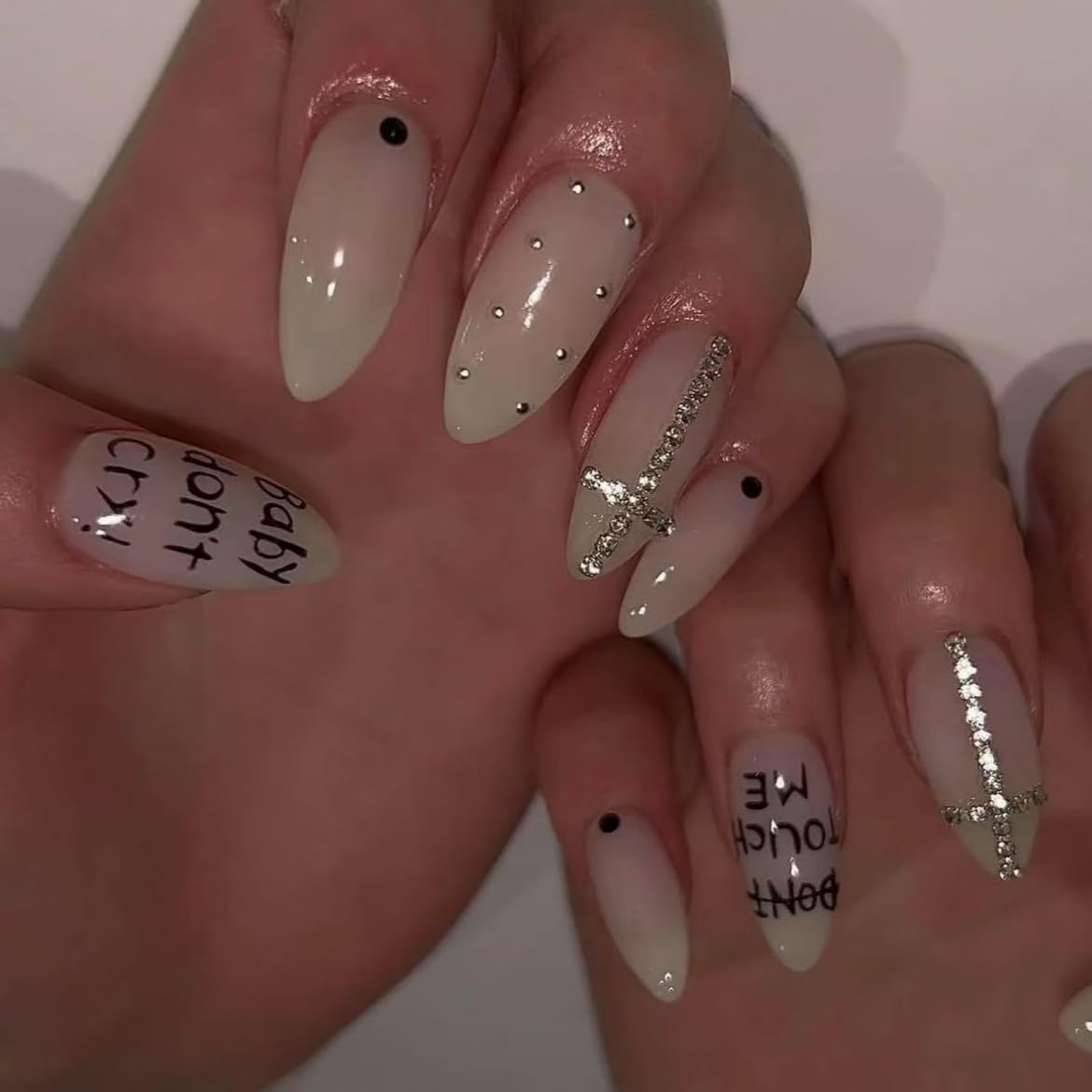 Handmade Almond Press on Nails French Tips Long Fake Nails with Cute Pearl Charms Design French Nude Pink Acrylic Nails Almond Shaped Artificial Nails for Women Girls Manicure Tip 10Pcs (MT-140-M)