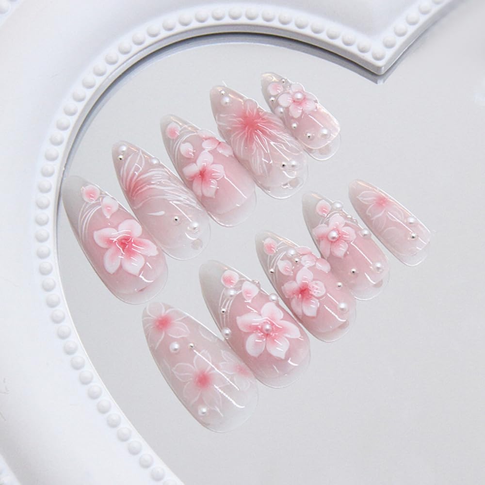 24 Pcs Pink Press on Nails Short Almond,MINGCHUN Fall Fake Nails Press ons Acrylic Nail Art Tips Kit Full Cover False Nails Glue on Nails with Flowers Pearl 3D Texture Design for Women Nail Supplies