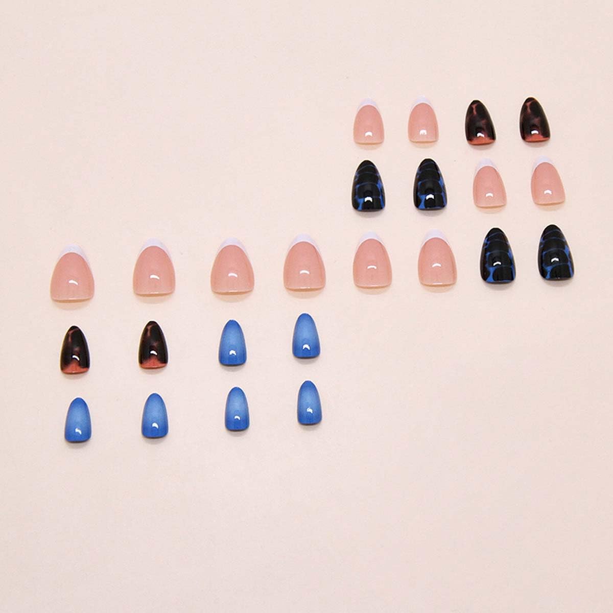 LINMEIZAI 24 Pcs Spring Press on Nails Short Almond Blue French Fake Nails Press ons Nail Tips Glue on Nails Acrylic Nail Kit with Tortoiseshell Design False Nails Stickers Nail Art for Women
