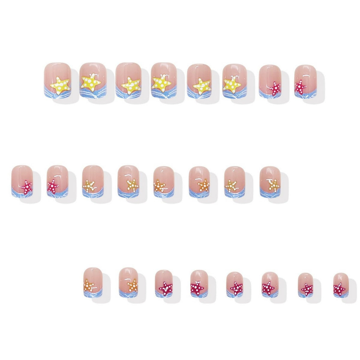 Summer Press on Nails Waves French Tip Fake Nail Beach Nails Press ons with Starfish Design Short Square Stick on Nail Glossy Acrylic Nails for Women DIY Manicure Decor 24 Pcs