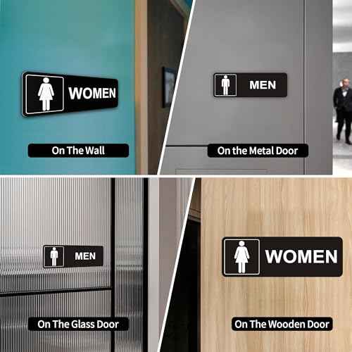 Restroom Sign - (2 Pack ) Metal Restroom Signs for Business with Strong Self-Adhesive, Bathroom Signs for Home Door or Wall, Ideal Unisex Restroom Signs for Women and Men, Easy to Install (Black Women and Men 9" x 3")