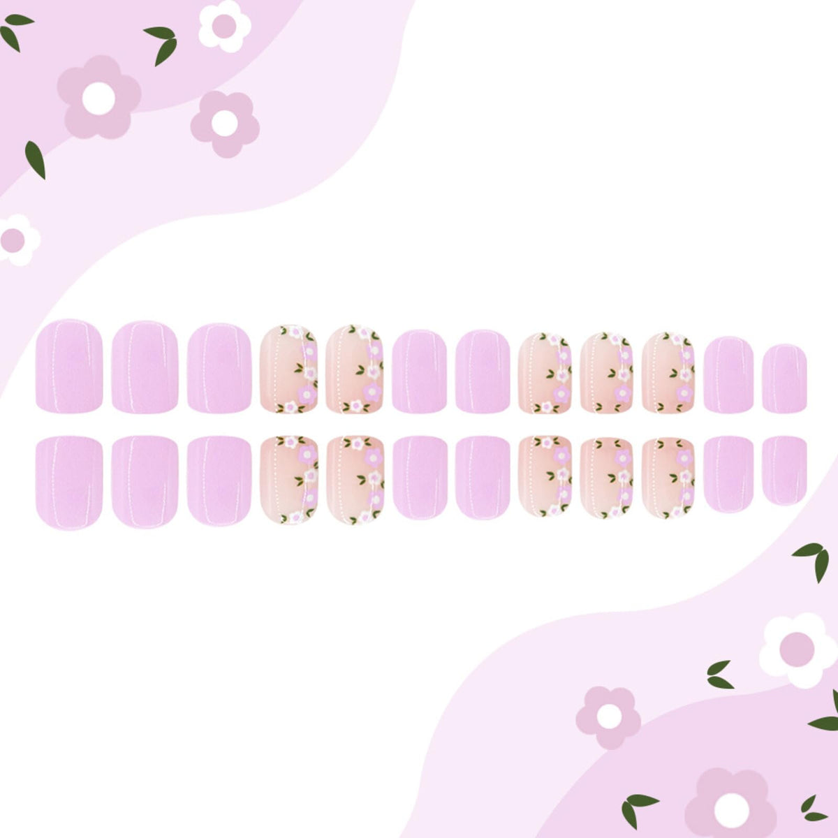 Floral Short Square Press on Nails Soft Nude Lavender Base Purple White Floral Accents Glossy Finish Reusable Spring Nails Easy Apply Fashion Party Wear Durable Trendy Women Girls Nail Art 24 Pcs