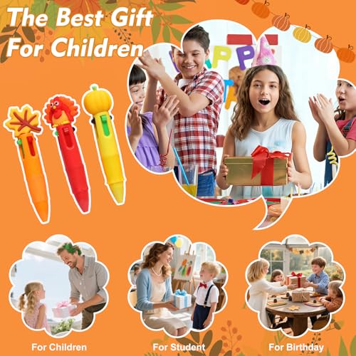 100 Pcs Thanksgiving Colorful Multicolor Pen in One Cartoon Cute Fun 4-in-1 Cute Pens Bulk Kawaii Maple Leaves Pumpkins Scarecrows and Turkeys Shape Cool Ballpoint Pens for Kids Fun Gifts