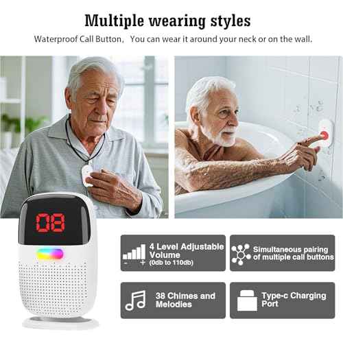 Caregiver Pager System with Digital Display for Elderly Assistance, Fall Prevention, and Nurse Calling£¬Wearable Wireless Pager for Patient Help at Home(1 Call Buttons + 1 Receivers)
