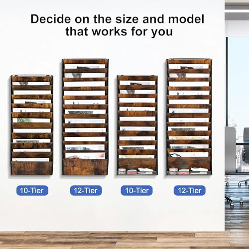 12-Pocket Wall File Organizer, Wood Mail Organizer Wall Mounted Paper Document Magazine Holder, Hanging Clipboard Storage Basket for Office Home School Organization, Black/Antique