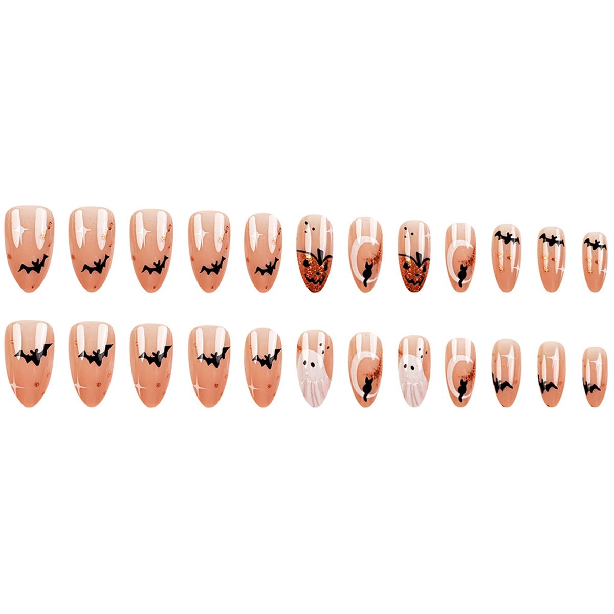 24Pcs Halloween Press on Nails Medium Almond,NEWSPIED Black Cat Bat Pumpkin Ghost Fake Nails Nude Pink Designs Glossy Full Cover False Nail Cute Artificial Halloween Glue on Nails for Women Girls