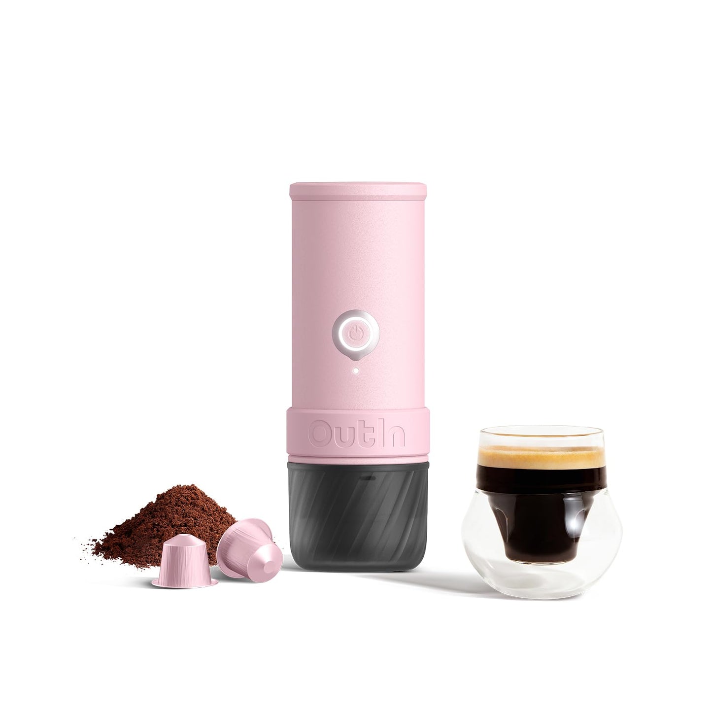 OutIn Mino Portable Electric Espresso Machine, Mini Camping Coffee Maker for Travel, Pocket Sized Coffee Machine Self-Heating, Ground Coffee & NS Capsule Adapter For Adventure