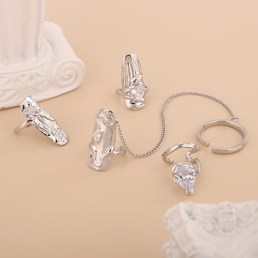 Xerling 4Pcs Punk Silver Crystal Fingertip Ring Set for Women Gothic Finger Nail Tip Rings Nail Cap Protective Cover Rings for Halloween Costume