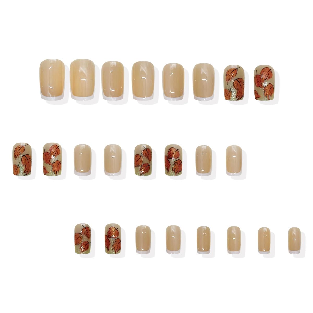Fall Press on Nails Short Square White French Tips Fake Nails Glossy Gold Glitter Maple Leaf Autumn And Winter Designs False Nails Full Cover Sparkly Leaves for Women Thanksgiving Manicure 24Pcs