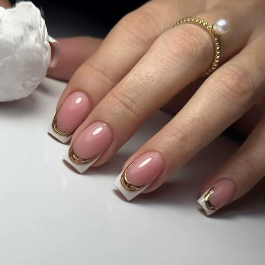 Square Press on Nails Medium - White French Tip Fake Nails with Gold Stripes Design - Glossy Full Cover Stick on Nails - for Women 24 Pcs
