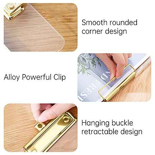 Moocci Thick Acrylic Clear Clipboards Cute Transparent Bulk Gold Clipboard with Strong Clip and Hidden Hanging Hole for A4 Paper, Art Student, Drawing, Office, School, Warehouse, Classroom, 9PC