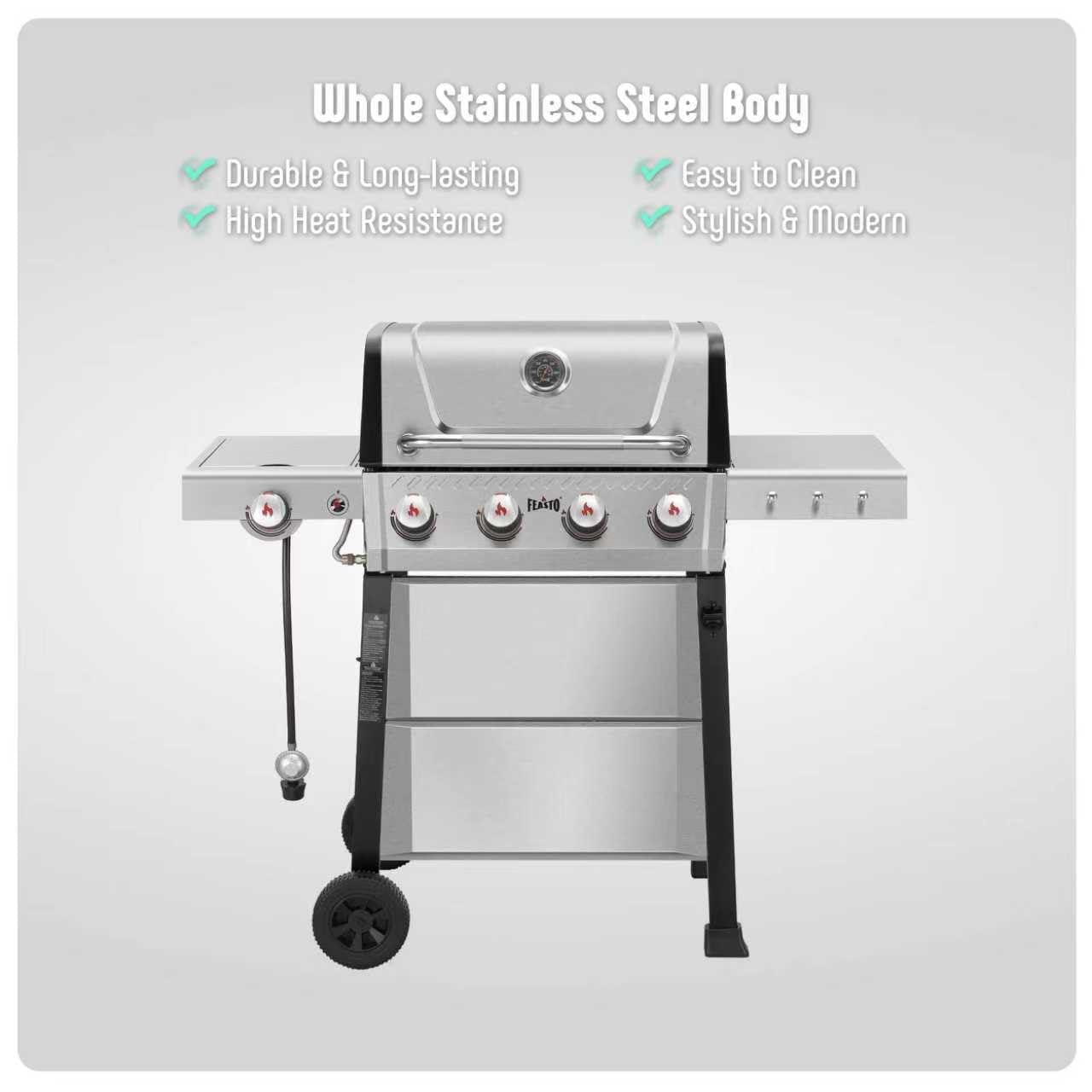 Feasto All Stainless Steel 4+1 Burner Gas BBQ Grill, Outdoor Propane Grill with Premium Enameled Coated Chamber Body & Porcelain-Enameled Cast lron Grates, 48,000 BTU