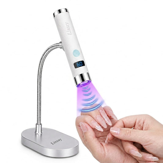 Linssy Mini UV Light for Nails with Auto Sensor & Gooseneck Stand,Portable Cordless Nail Lamp Flash Cure Lamp with LCD Display,Handheld UV Light for Gel Nails at Salon & Home Use (White)