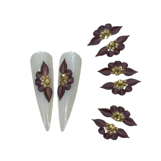 Set 8Pcs 3D Black Flowers Nails Charms With Rhinestone Gems Handmade by Acrylic Powder Design For Long Nail L,XL,XXL Flower Nail Art Floral Salon Decor Women Girls (Black -8Pcs)