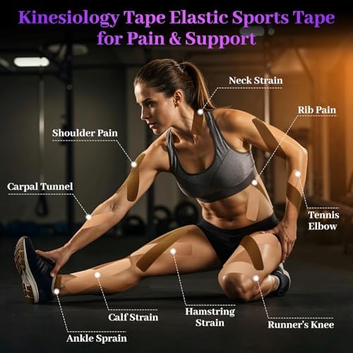 Pro VityElk Kinesiology Tape Elastic Sports Tape for Muscle Pain Relief & Support - Breathable Waterproof Athletic Tape for Joints, Back, Knees-20 PreCut Strips/Roll (Black 4 Roll)