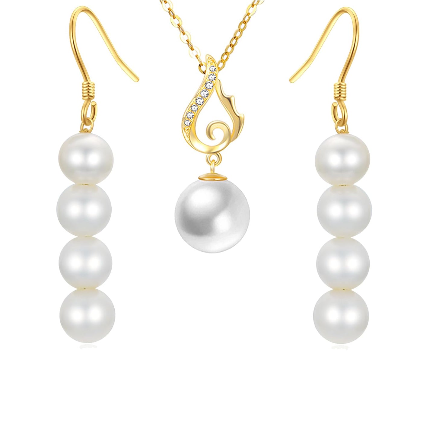 14K Gold Cubic Zirconia Wing Freshwater Cultured Pearl Necklace and Dangle Earrings Set, Fine Jewelry for Women
