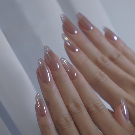FANTACIEL Almond Press On Nails 24PCS, Chrome Solid Color False Nails Glossy Full Cover Glue On Nails, Elegant Reusable Fake Nails for Women Salon & Daily Wear