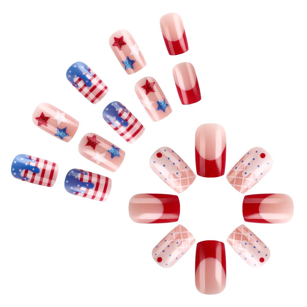 4th of July French Tips Press on Nails Medium Square Fake Nails Independence Day Glitter Stars False Nails Full Cover Glossy for Women Summer Patriotic Ice Cream Manicure Decoration 24Pcs