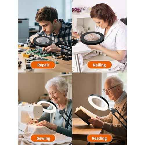 10X Magnifier Lamp with Clamp, 15" Adjustable Arm LED Desk Light with Real Glass Lens, 3 Color Modes, Bright Dimmable Lighting for Repair, Model Painting, Sewing, Reading