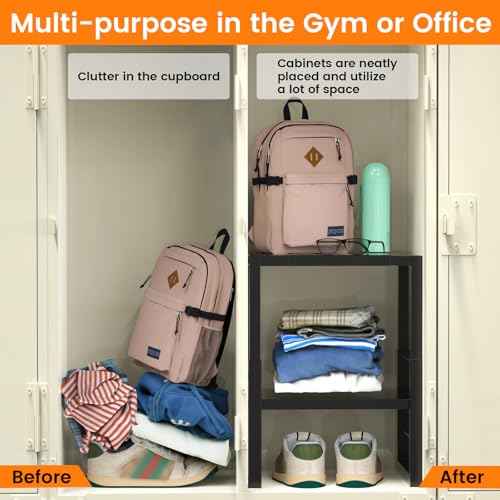 Locker Organizer Shelf School, Adjustable Width and Height, Stackable Metal Locker Storage Organization, Ideal Locker Fits Standard Size School, Office, and Gym Lockers, Black
