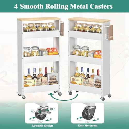 Slim Storage Cart, 4-Tier Kitchen Rolling Cart Narrow Storage Cabinet with Handle & Wheels, Metal Rolling Shelf Unit for Kitchen Bathroom Laundry Small Places (5.9IN White/Natural)