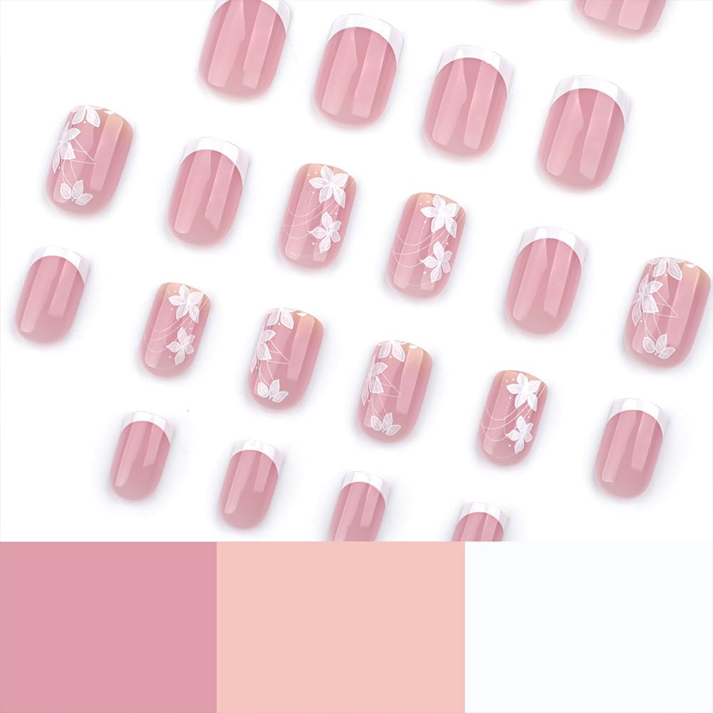 Square Press on Nails 24PCS French Short False Nails Full Cover With Designs Fake Nail Kit Reusable Glossy Artificial Fake Fingernails Acrylic Cute Fale Nails For Women Girls Manicure