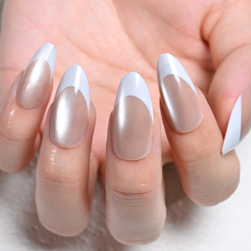 evpct Nude Cat Eye French Tip Press on Nails Almond Medium No Glue, White French Tip Medium Almond Holographic Stick on Nails for Women, Reusable Full Cover Soft Press on Nail Perfectly with Design